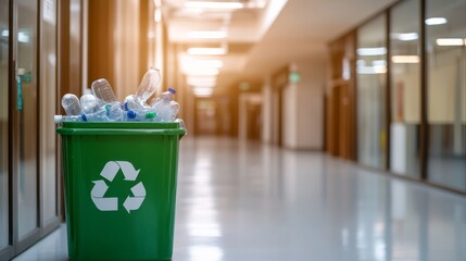 A recycling bin in a corporate hallway is overflowing with crumpled plastic bottles, showcasing the need for better waste management in clean environments