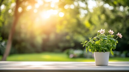 Poster - Bright sunlight illuminates a fresh basil pot on a balcony railing, with a lush green garden softly blurred in the background, enhancing the serene vibe