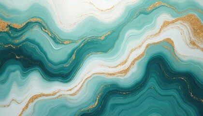 Poster - Marble background with white, green, turquoise marbled texture, gold veins. Abstract luxury wallpaper, banner, invitation. Modern surface fluid gradient effect elegant style paint design. Creative