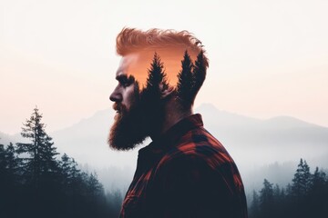Poster - A lumberjack with a solemn expression walks through a mist-covered forest, blending seamlessly with the mist and towering trees, evoking tranquility