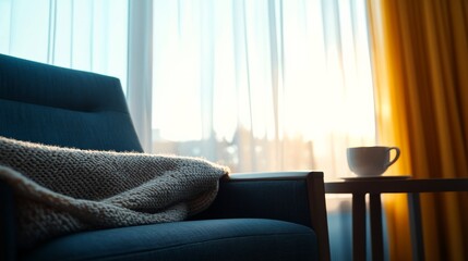 Poster - A plush armchair with a knit blanket rests beside a tall window, bathed in soft natural light, with a warm cup of tea nearby, enhancing the cozy atmosphere