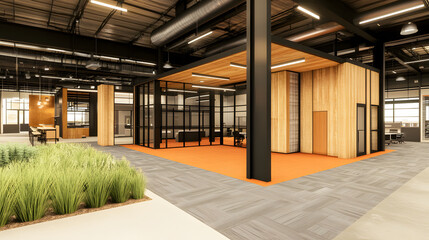 Poster - A modern office interior featuring open spaces, wooden accents, and vibrant orange flooring, complemented by greenery for a fresh atmosphere