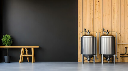 Poster - A modern, minimalist interior featuring stainless steel tanks, wooden wall accents, and a simple table with a plant
