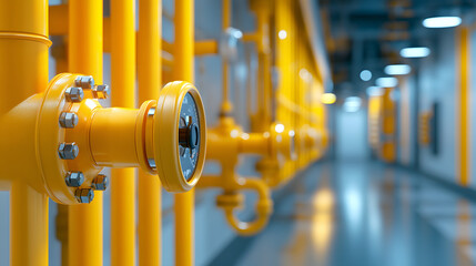 Poster - A close-up view of yellow industrial pipes and a gauge in a corridor, highlighting modern infrastructure and the importance of utility management
