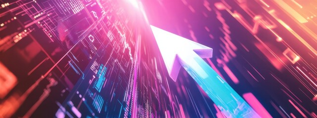 Poster - Digital arrow pointing upward through vibrant, colorful circuit patterns in a futuristic setting
