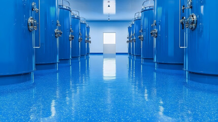 Poster - A modern, blue industrial space featuring large tanks and a glossy floor, creating a clean and organized environment