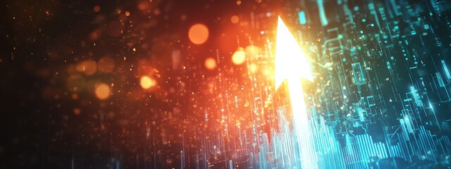 Poster - Digital arrow pointing upward among colorful light patterns and data streams in a futuristic environment