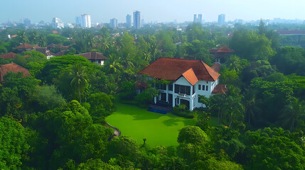 Aufkleber - Aerial view of a lush green landscape featuring a beautiful house surrounded by dense greenery and urban buildings in the background