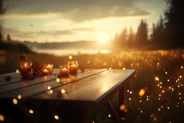 Poster - A beautifully arranged dining table in a garden at dusk, adorned with candles, flowers, and fairy lights, offering a magical and romantic ambiance perfect for gatherings
