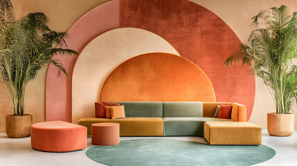 Poster - A stylish living space featuring a colorful sectional sofa, circular rug, and vibrant wall art, complemented by greenery for a fresh touch