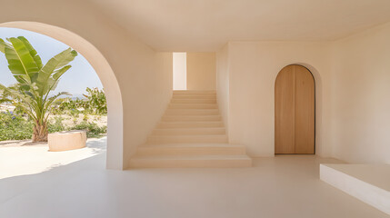 Fototapete - A serene, minimalist interior featuring neutral tones, arches, and natural light, creating a peaceful atmosphere with a glimpse of greenery outside