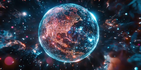 Poster - Orbiting the connected globe with vibrant lights and networks over the night sky