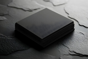Poster - Stack of black paper sheets on dark slate background with moody lighting