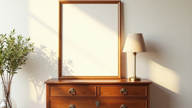 Vertical wooden picture frame arrangement in a classic living room setting against a white wall, featuring a traditional dresser, brass lamp, and olive branches in a vase. Photo.
