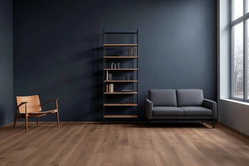 Aufkleber - Minimalist living room features a gray sofa, wooden chair, and modern bookshelf set against a matte blue wall with gentle natural light illuminating the space