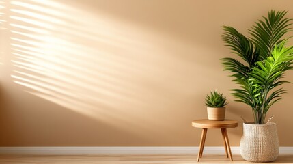 Poster - Clean lines of a wooden shelf and side table complement a light beige wall, creating a modern atmosphere enhanced by greenery in simple pots