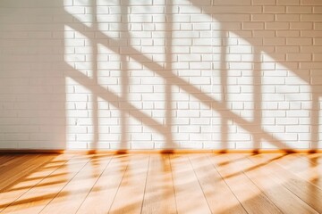 Poster - Natural light fills a minimalist space with white brick walls, casting soft shadows onto the polished wooden floor, enhancing the airy ambiance