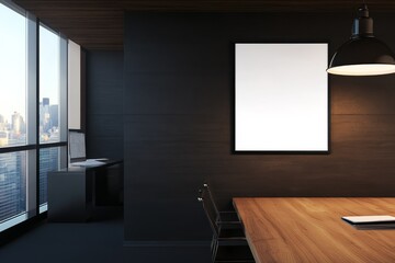 Fototapete - This contemporary space highlights a minimalist poster mockup on the wall, surrounded by clean lines and neutral tones, creating an inviting workplace atmosphere