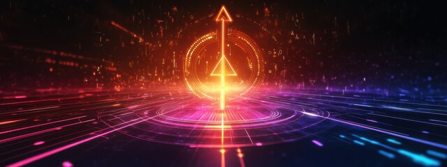 Poster - Vibrant digital arrow symbolizing progress with colorful light trails in a high-tech environment