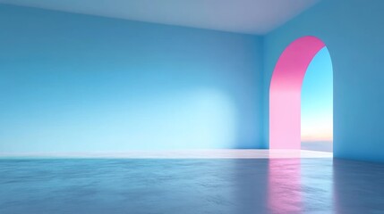 Leinwandbilder - A serene room showcases soft blue walls and a pink archway, filled with natural light that enhances the cozy ambiance of the modern design