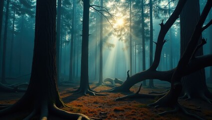 Poster - Illuminated forest of downed pine trees