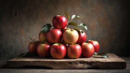 Poster - A collection of Gala apples arranged on a rustic wooden board.