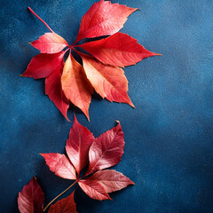 Wall Mural - Autumn Red Leaves on Deep Blue Textured Background for Seasonal Design Generated Image