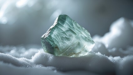 Fototapete - Detailed view of a raw, translucent natural chalcedony stone set against a white backdrop, showcasing the mineral's unique patterns and textural features.