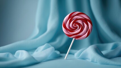Poster - Vibrant red and pink swirl lollipop against a soft blue backdrop. Trendy candy design in a minimalistic style. A playful treat for children.