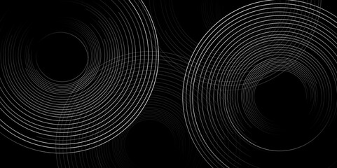 Poster - Abstract grey geometric lines on dark background. Swirl circular lines pattern. Geometric spiral. Template Space for Text. Abstract Minimalist Wallpaper with Copy Space on Black Background, vector.