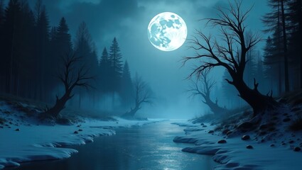 Poster - Futuristic frigid forest at night. Intense scene featuring trees, a large moon, and moonlight. Includes elements like smoke, shadows, smog, and snow. Reflection of the night landscape in a river or...