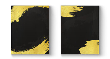 Poster - Gold foil brush stroke cards with black background design. Elegant banner with dark surface and metallic yellow paint elements. Luxury templates for invitations, business cards or premium packaging.