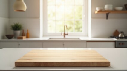 Aufkleber - Blurred modern kitchen setting with an empty wooden table surface, suitable for showcasing products.