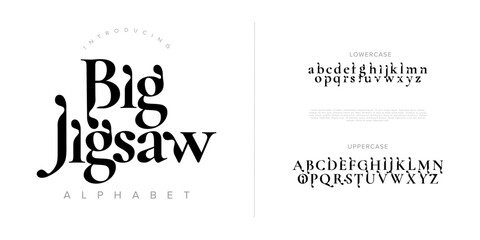 Poster - Jigsaw Elegant Font Uppercase Lowercase And Number. Classic Lettering Minimal Fashion Designs. Typography modern serif fonts regular decorative vintage concept. vector illustration