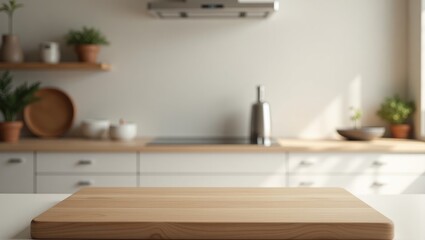 Aufkleber - Blurred modern kitchen setting with an empty tabletop, suitable for showcasing products.