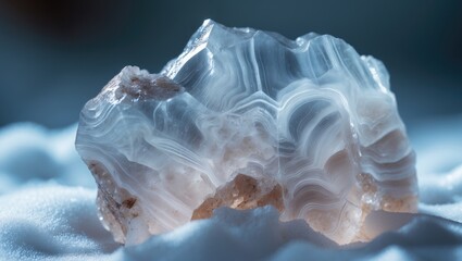 Fototapete - Detailed view of a piece of translucent natural chalcedony rock set against a white backdrop, showcasing the unique patterns and textures of its surface.