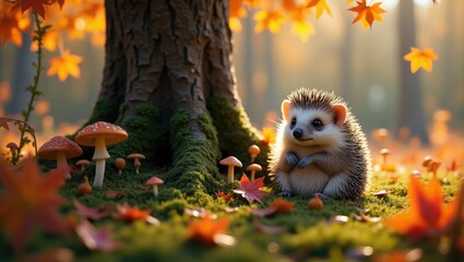 Poster - Coloring sheets. A charming little hedgehog rests beside a tree in autumn. Leaves are cascading from the tree, surrounded by bushes, plants, grass, and mushrooms. The hedgehog appears joyful.