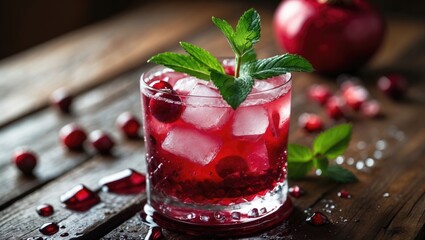 Aufkleber - Pomegranate and cranberry drink with ice cubes and a mint sprig, focused capture.