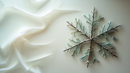 Poster - a snowflake crafted from Christmas tree branches, resting flat. Represents the essence of winter.