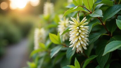 Poster - Detailed view of Clethra alnifolia 'Hummingbird' (Summersweet), a beautiful, compact, gradually spreading deciduous shrub.
