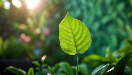 Aufkleber - Imagery of a vibrant green leaf illuminated by sunlight in a garden, with a softly blurred backdrop of natural greenery and newly applied wallpaper.