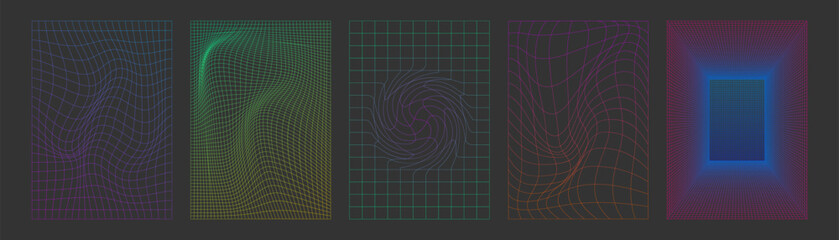 Poster - Abstract wireframe landscapes set isolated on black background. Vector illustration of neon grid pattern with hills, portal perspective, uneven terrain, retro wave banner design elements, mesh texture