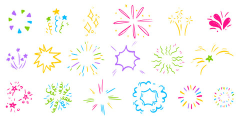 Poster - crayon firework scribbles set isolated on white background. vector realistic illustration of hand dr