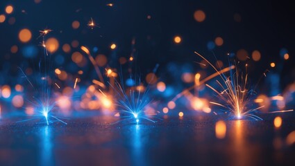 Poster - fading blue and orange glimmers from neon lights against a dark backdrop