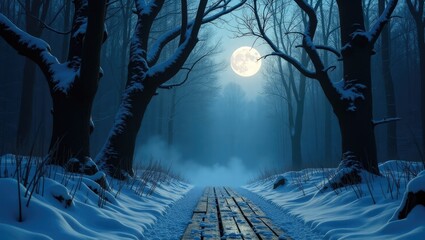 Aufkleber - Mysterious winter woodland backdrop featuring a wooden pathway, snow, and mist. Enchanting night scenery illuminated by moonlight within the forest.