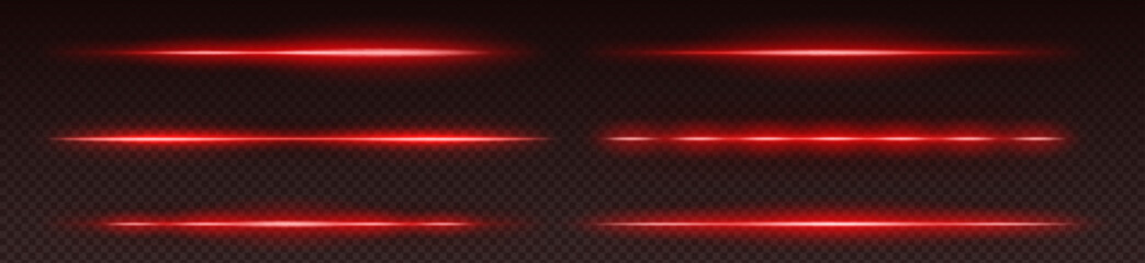 Poster - Red neon laser beam set on transparent dark background. Horizontal glowing lines for gaming interfaces, sci fi modern digital design. Bright luminous rays with crimson hue for technology visualization