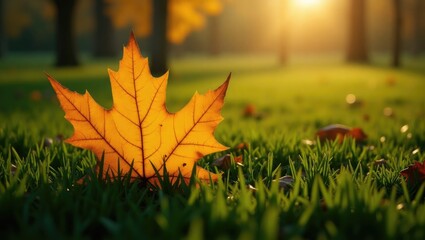 Poster - Withered yellow leaf lying on vibrant green grass. Autumn vibes. web banner.