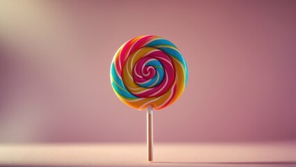 Poster - Vibrant caramel lollipop on a stick against a pink backdrop viewed from above