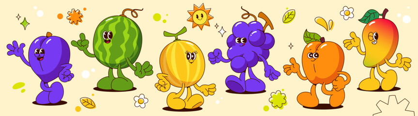 Poster - Groovy fruit cartoon characters with limbs - purple plum waving, green watermelon with horns gesture, yellow melon and grape bunch walking, smiling apricot and mango. Retro mascot with expressive face