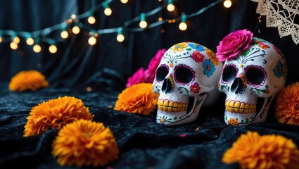 Poster - Halloween Festivities with Sugar Skulls: Close-Up View Featuring Marigolds and String Lights.